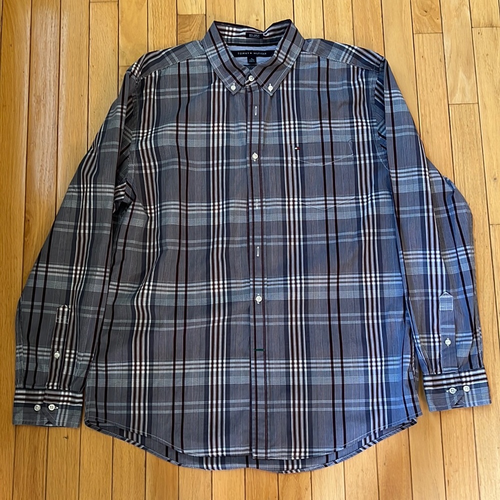 Tommy Hilfiger Dress Shirt - Maroon and navy blue plaid